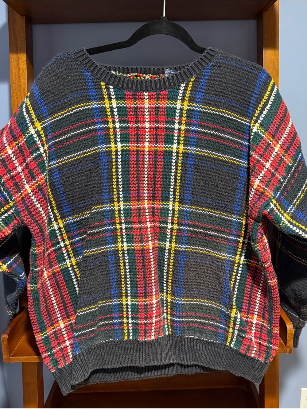GAP Black Plaid Crewneck Sweater with Red, Blue, Yellow & Green Accents VINTAGE